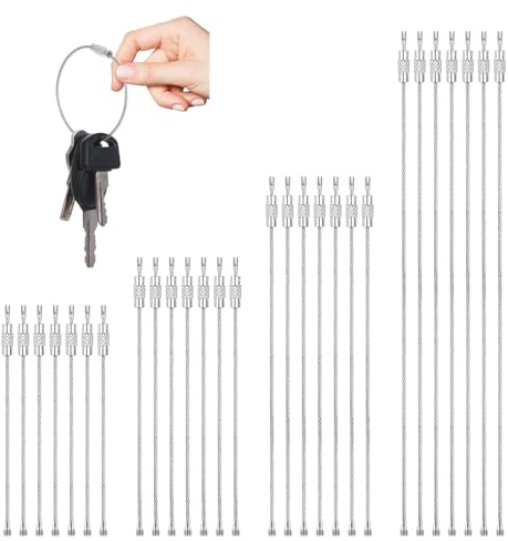 Câble Porte-Clés Fil,28 PCS Câble Porte-Clés en Acier Inoxydable Anneaux Métalliques Robuste Fil Porte-Clés Connectable 11/15/20/30 cm pour Randonnée Sport Voyage Bagage