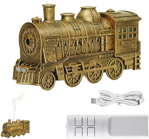300ML Vintage Essential Oil Diffuser Train, Train Humidifier Aroma Diffuser, Train Humidifier with LED Light, Handcrafted Steam-Train Design, Dual Mist Modes, Home & Office Décor (Bronze)