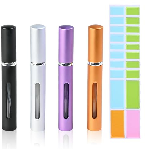 4 atomizadores de perfume rellenables, 5 ml, mini botella de spray portátil con ventana, accesorios de viaje (negro, plata, oro, morado)