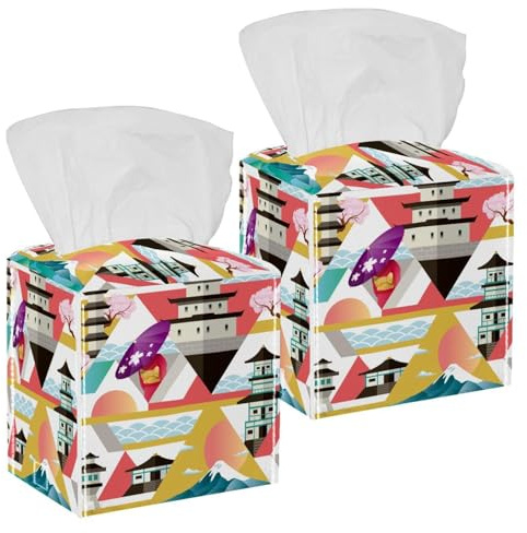 Lot de 2 boîtes à mouchoirs carrées en cuir avec motif fleurs de cerisier japonais pour coiffeuse, commode, table de nuit, comptoir, bureau, voiture