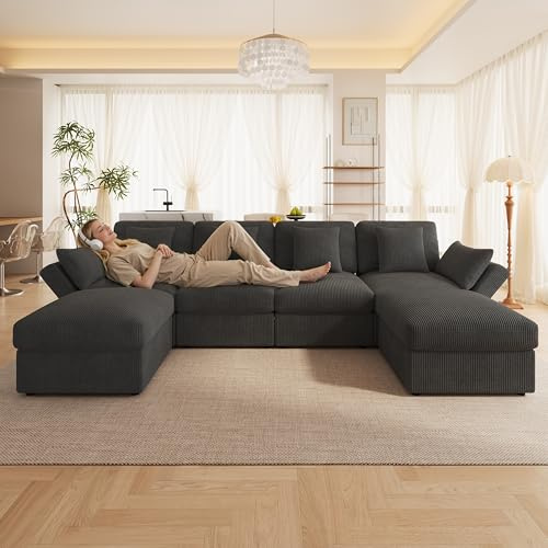 OPODEE Modulares Ecksofa U-Form Cord, 6-Sitzer Wohnlandschaft mit Hocker & Verstellbaren Armlehnen, Big Sofa Grau für Wohnzimmer, 290x160cm