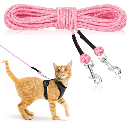 RANYPET Laisse Longue Réfléchissante pour Chat, 15 m x 5 mm, Rose | Corde en nylon réfléchissante, anti-mêlement et anti-échappement, 2 mousquetons rotatifs à 360°, Jardin et dressage