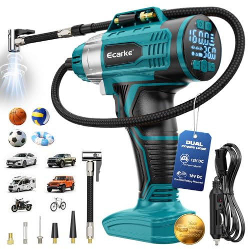 160 PSI Pompe à Air Portable Compatible avec Makita 20V（Piles non incluses） | Manomètre Numérique | Allume-cigare 12V | Arrêt Automatique | Sans Fil | LED | Gonflage Rapide | pour Voiture, Vélo, Moto