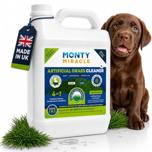 Monty Miracle Artificial Grass Cleaner - Pet Safe Dog Urine Odour Eliminator - Super Concentrate - UV Protection De-Brittle Technology - BS EN 1276 Certified - UK Made Fresh Cut Grass Scent (1L)