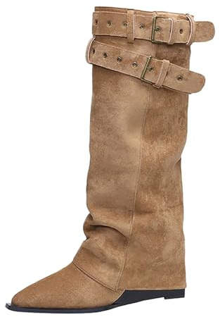 Dam slouchy mocka stövlar dubbel spänne kilklack modeskor, Khaki, 40 EU | Slouchy mocka stövlar för kvinnor med dubbelt spänne och kilklack för bohemiska vardagliga och dagliga höstkläder