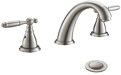 Phiestina 8 Inch 3 Holes Brushed Nickel Low Arc Widespread Bathroom Sink Faucet, 2 Handles Bathroom Faucet with Stainless Steel Pop Up Drain, WF008-4-BN