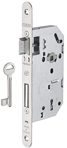 THIRARD - Serrure Encastrable Monomax NF à Clé pour Porte de Chambre - Axe 50 mm - Coffre Acier Embouti - Mécanisme à 2 Tours - Têtière Inox Bouts Ronds - 1 Clé - Gâche Plate Acier Zingué - Gris