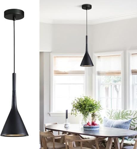 KCO Lighting Minimalistische Schwarze Kegelförmige Pendelleuchte für das Bett, 100 cm Verstellbares Hängekabel, E27-Pendellampe aus Kunstharz in Schwarz für die Kücheninsel