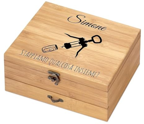 Maverton Accessori da vino La Dedica, Kit da Sommelier Personalizzato | Scatola in legno di bambù + 8 pezzi di Accessori Vino, regalo uomo, Cavatappi