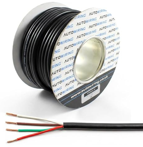 Automotive 4 Core Cable 12v 24v Thin Wall Multistrand Wire RED BROWN WHITE GREEN (1mm² 16.5Amps, 5 Meter Coil)