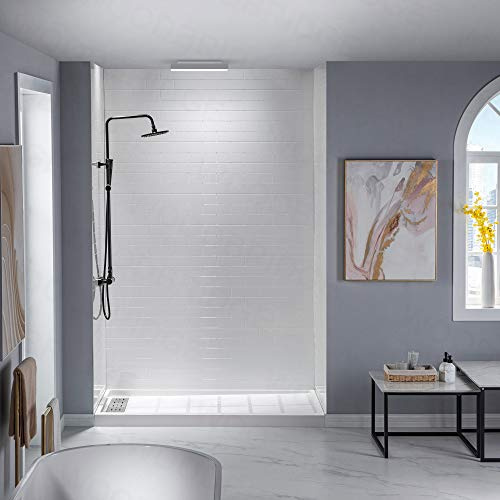 WOODBRIDGE Solid Surface 60 W x 96 H Tile Tub and Shower Wall Panel Surround, Quick Install, Cuttable, Staggered Brick Pattern, 0.138 (3.5mm) Thick,High Gloss White Finish