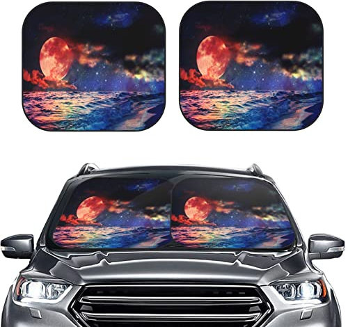 Auto Sonnenschutz Sonnenschutz Auto Frontscheibe Schwarze Faltbar Motiv Nachthimmel Meer Mond Auto Scheibenabdeckung Sommer Auto Zubehör Sonnenschutz 2-teilig 74x60cm mit Aufbewahrungstasche