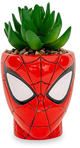 Marvel Comics Spider-Man Web-Head Mini pot de fleurs en céramique avec plantes succulentes artificielles | Petit pot de fleurs, fausses plantes d'intérieur