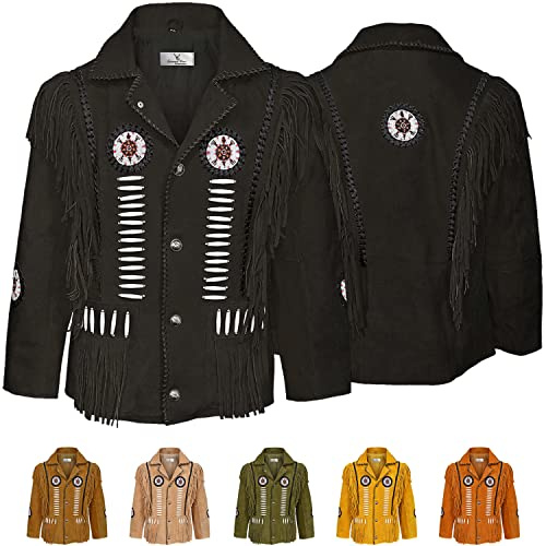 German Wear Herren Indianer Westernjacke Reiter Jacke Western-Lederjacke Tracht jacke, 48, Schwarz