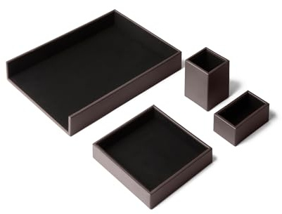 Eglooh - Minerva - Schreibtisch Set Leder Dunkel Braun - Schreibtisch Zubehör mit 4 Stücken: Taschenleerer, Stiftehalter, Ablagefächer, Visitenkartenhalter - Made in Italy