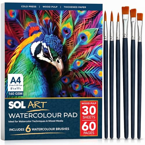 SOL 30 Sheets Watercolour Pad with 6pk Versatile Brushes - A4 Size Paper for Artists and Beginners, Durable Sketchbook for Painting and School Arts & Crafts Projects, Perfect for Kids and Adults DIY