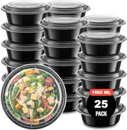 AKOLAFE 25 Stück Runden Meal Prep Boxen mit Deckel 1000ml Kunststoff Mealprepboxen Wiederverwendbar Meal Prep Container Plastik Lunch Box Luftdicht Mikrowellen Spülmaschinenfest