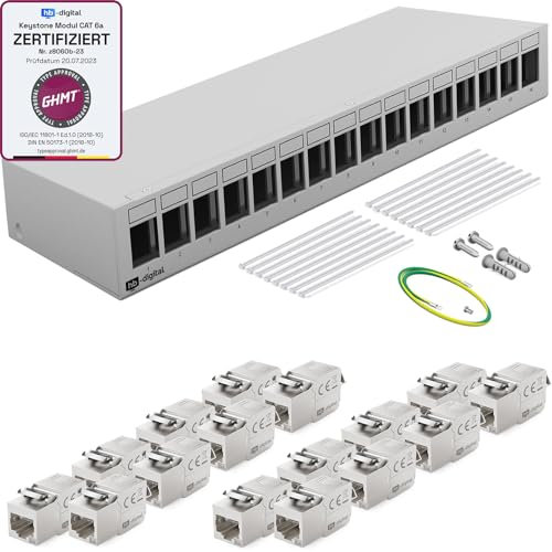 HB-DIGITAL Set de 16 puertos de panel de conexión para módulos Keystone + 16 conectores RJ45 Cat.6a para instalación de red compatible con cable de instalación LAN Ethernet, gris claro