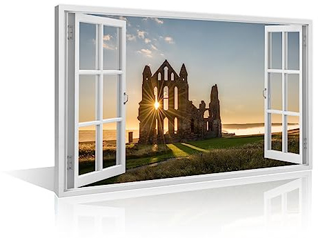 TISHIRON Sun Star on Whitby Abbey Pictures for Bedroom The Gothic Ruins of Whitby Abbey 1 Panel Canvas Wall Art Home Decorations for Living Room Framed Ready to Hang Poster and Prints (16''Wx 24''H)