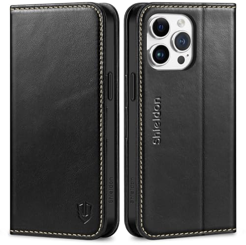 SHIELDON Hülle für iPhone 15 Pro Max, Stoßfeste Schuzhülle [Echtleder] [Kartenfach] [Stand] [Verdicht TPU] Magnetische Handyhülle Klapphülle Kompatibel mit iPhone 15 Pro Max 6,7 - Retro Schwarz