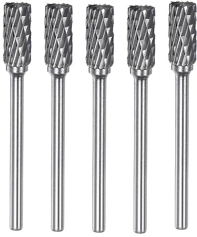 sourcing map 5pcs Carbide Rotary Burrs 1/8 (3mm) Shank 1/4 (6mm) Head Double Cut Cylindrical A Shape Die Grinder Bits Rasp Files for Metal Wood Plastic Polishing Engraving