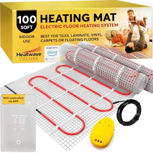 Deluxe Heated Floor System - 100 Sqft, 10 Amps, 1200 Watts, 120V Underfloor Electric Heating System, Heated Floor Mat, Radiant Heaters for Indoor Use WiFi LED App Controlled Thermostat, Sensor & Alarm