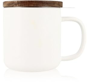 OGO LIVING - Tisania Juliet bianca 300 ml - Ideale per tè e tisane - Tazza da tè in gres e coperchio in legno di acacia