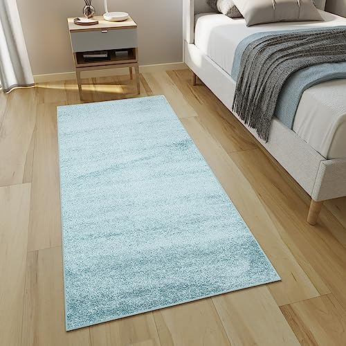 TAPISO Delhi Teppichläufer Hochflor Shaggy Hellblau Einfarbig Modern Design Flauschig Langflor Wohnzimmer Schlafzimmer Flur ÖKO-TEX 120 x 300 cm