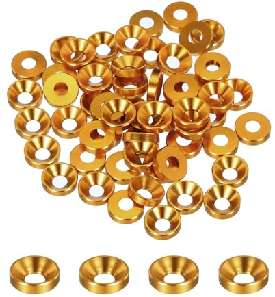 QUARKZMAN Rondelles à Contre-Alésage M4 de 50 Pièces, Alliage d'Aluminium Anodisé de 10mm/0,39 Pouces, Joints de Tête pour Vis RC/FPV/PC/Pièces d'Accessoires de Drone, Or