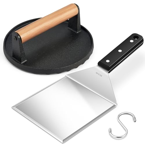 Cast Iron Smash Burger Press & Wide Spatula, Leonyo 18/10 Griddle Grill Spatula Turner Heavy Duty Meat Bacon Steak Press Griddle Accessories for Outdoor BBQ, Flat Top Grill Teppanyaki