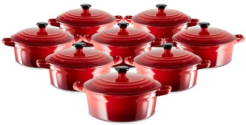 KHG Auflaufform mit Deckel 8er-Set, rot 0,5 L klein, Mini-Cocotte