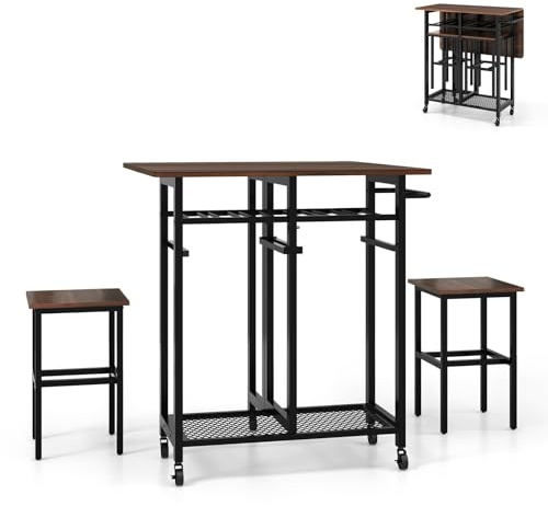 COSTWAY Tavolo da Pranzo Pieghevole Estensibile 3 Pezzi con 2 Sgabelli, Set Tavolo da Cucina con Ruote e Portabottiglie da 6 Posti, Ripiani e Maniglia Laterale (Marrone)