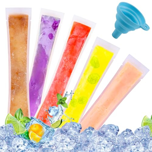 dellyy Bolsa para Polos, 100 PCS Bolsas de Plástico para Hacer Helados, Bolsas de Popsicle con Embudo, Bolsas para Moldes de Helado para Yogur, Zumo de Fruta, Helado, Confitería
