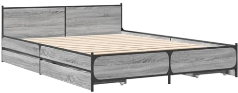vidaXL Bettgestell, Bett mit Schubladen, Bettrahmen mit Metallbeine Sperrholzlatten, Doppelbett für Schlafzimmer, Schubladenbett, Grau Sonoma 135x190cm Holzwerkstoff