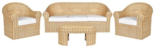 Beliani 5-Sitzer Lounge Set Rattan natürlich mit Kissen weiß Outdoor & Indoor Livadeia