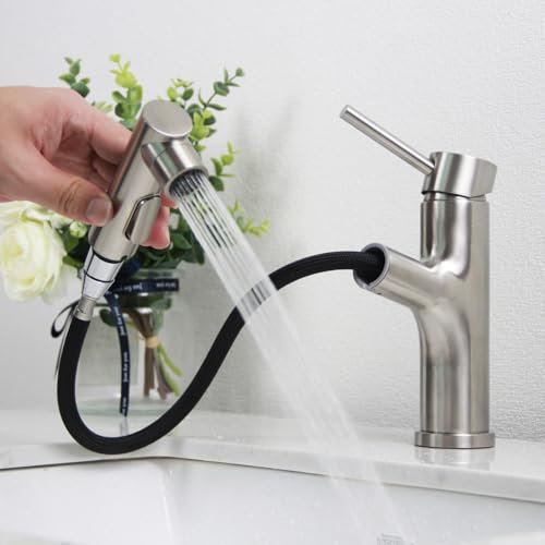 Wasserhahn Bad, SEMANEY Waschtischarmatur mit 3 Modus Brause Ausziehbar, Hochdruck Einhebelmischer Mischbatterie, Waschbecken Armaturen für Badezimmer, Gebürstet, G3/8