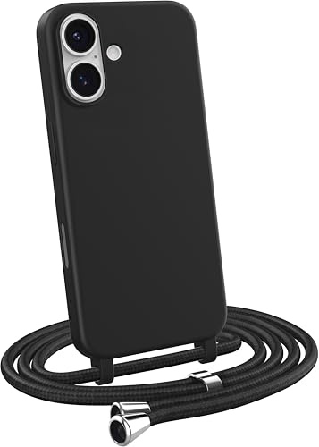 MyGadget Coque Cordon Compatible avec iPhone 16 - [ Cover Silicone avec Collier Unicolore ]- Case Tour de Cou - Protection Skin & Lanière Noir