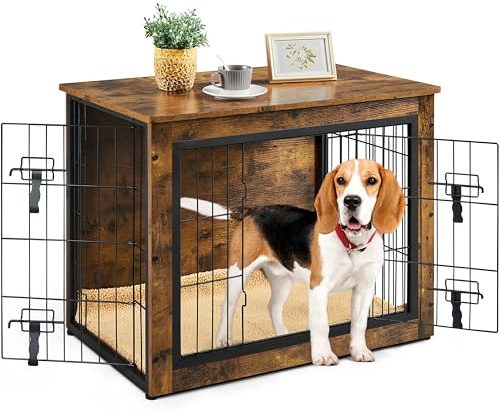 Yaheetech Hundekäfig Möbel mit Hundedecke & 2 Türen, Hundebox für Zuhause, Moderne Hundehütte Indoor bis zu 61 kg, Hundebox Holz für Wohnzimmer, 80x56x64 cm, Braun
