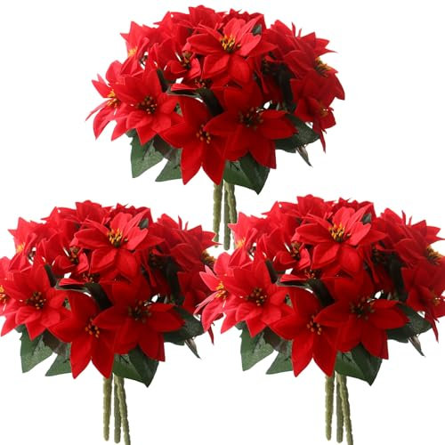Confezione da 6 mazzi di fiori artificiali di Natale per interni ed esterni, 35 cm, fiori di stella di Natale rossi finti con 7 steli, 42 fiori di stella di Natale per portico, vaso, vaso finestra