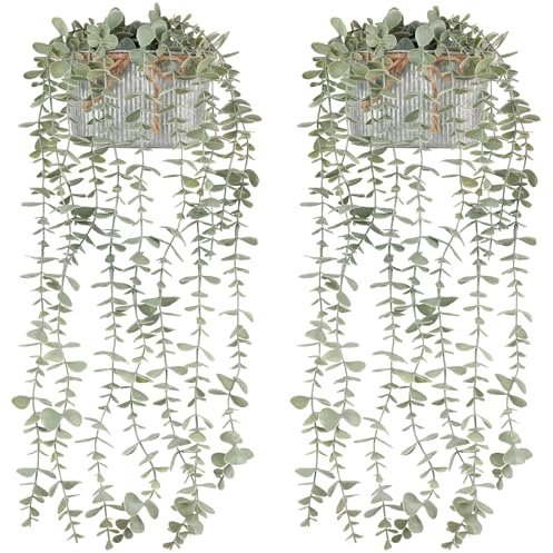 Mkono Fake Hanging Plants in Farmhouse Galvanized Pots Rustic Faux Potted Eucalyptus Greenery Indoor Artificial Plants for Book Shelf Mantel Living Room Bathroom Bedroom Home Office Decor (2, Grey)