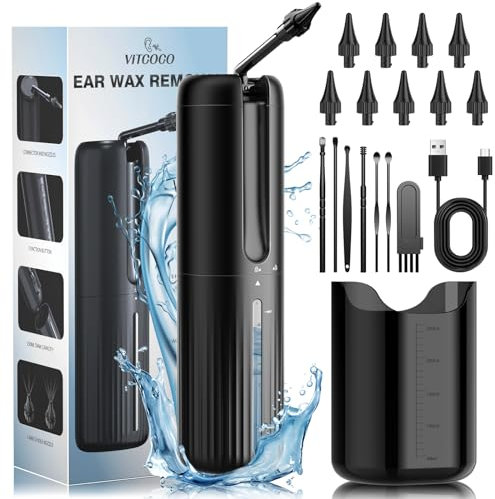VITCOCO Ear Wax Removal Kit,Water Powered Ear Cleaning Kit with 4 Pressure Modes, Electric Ear Cleaner Tool with 10 Replaceable Tips,Rechargeable Ear Cleaner Irrigation Kit for Home Use