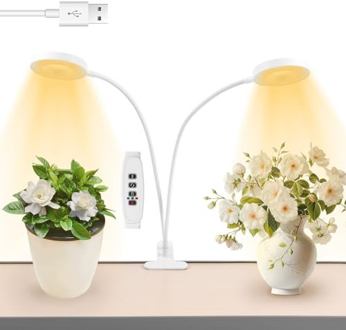 AMFUN Lampe pour Plantes, Lampe de Croissance pour Plantes d'Intérieur, Lampe de Croissance à Spectre Complet 2 Têtes, Hauteur Réglable avec Minuterie 3/9/12H, 3 modes, pour les petites plantes，Blanc