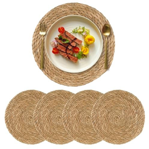 15 inch Round Woven Placemats Set of 4, Boho Rattan Natural Hand-Woven Water Hyacinth Placemats, Chargers for Dinner Plates, Farmhouse Weave Place Mats, Rustic Wicker Table Mats Decor for Home,Wedding