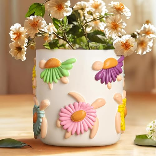 AmiCera Bunte Blumentopf Gänseblümchen Schildkrötenform, Einzigartige Sukkulenten Töpfe mit Drainage, Kleine Blumentöpfe für Zimmerpflanzen, Vielseitige Heimdekoration für Pflanzenliebhaber, Weiß