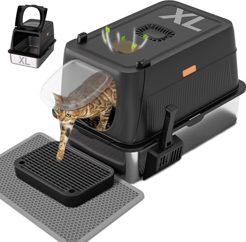 Citylife XL Stainless Steel Cat Litter Box with Lid, Extra Large Enclosed Removable Metal Litter Tray with Litter Scoop&Double Layer Litter Mat, Non-Sticky, Non-Odor, Easy Cleaning, for Big Cats