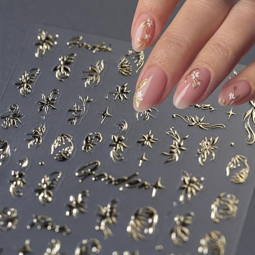 JMEOWIO 3D Nagelsticker Goldene Blumen Nail Art Sticker Selbstklebend Nagelaufkleber 5D Stereoskopisch Dekoration Nageldesign Zubehör 1 Blatt