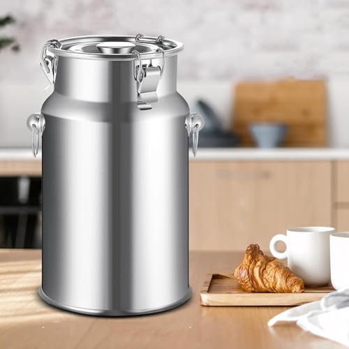 HEFJIAYCIQ 201 Stainless Steel Milk Can with Tight Lid, 1.3 Gallon 5 Liter Metal Water Beverage Drink Dispenser, Sealed Tank for Milk Wine Oil,Silver,5L/1.3Gallon