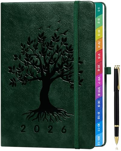 Agenda 2026(Enero - Diciembre) Vista Semana A5, Planificador Semanal y Mensual con Pestañas de Colores y Página a Color, Juego de Bolígrafos y Bolsillo Interior - Verde oscuro