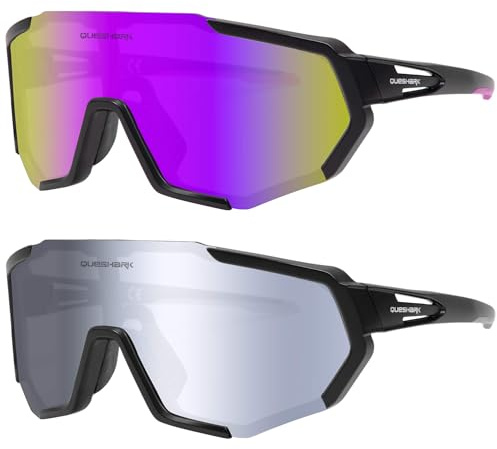Queshark 2 Stück Fahrradbrille, Leicht & Rutschfest & TR90 Rahmen & UV400 Schutz, Schnelle Brille Herren Damen, Sonnenbrille Sport für Radfahren Laufen Golf Baseball Volleyball