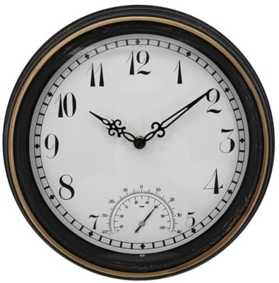 Fangxuee Orologio da Parete Impermeabile per Esterni con Termometro IP44 Orologio da Giardino Rotondo Vintage Orologio da Esterno da 12 Pollici